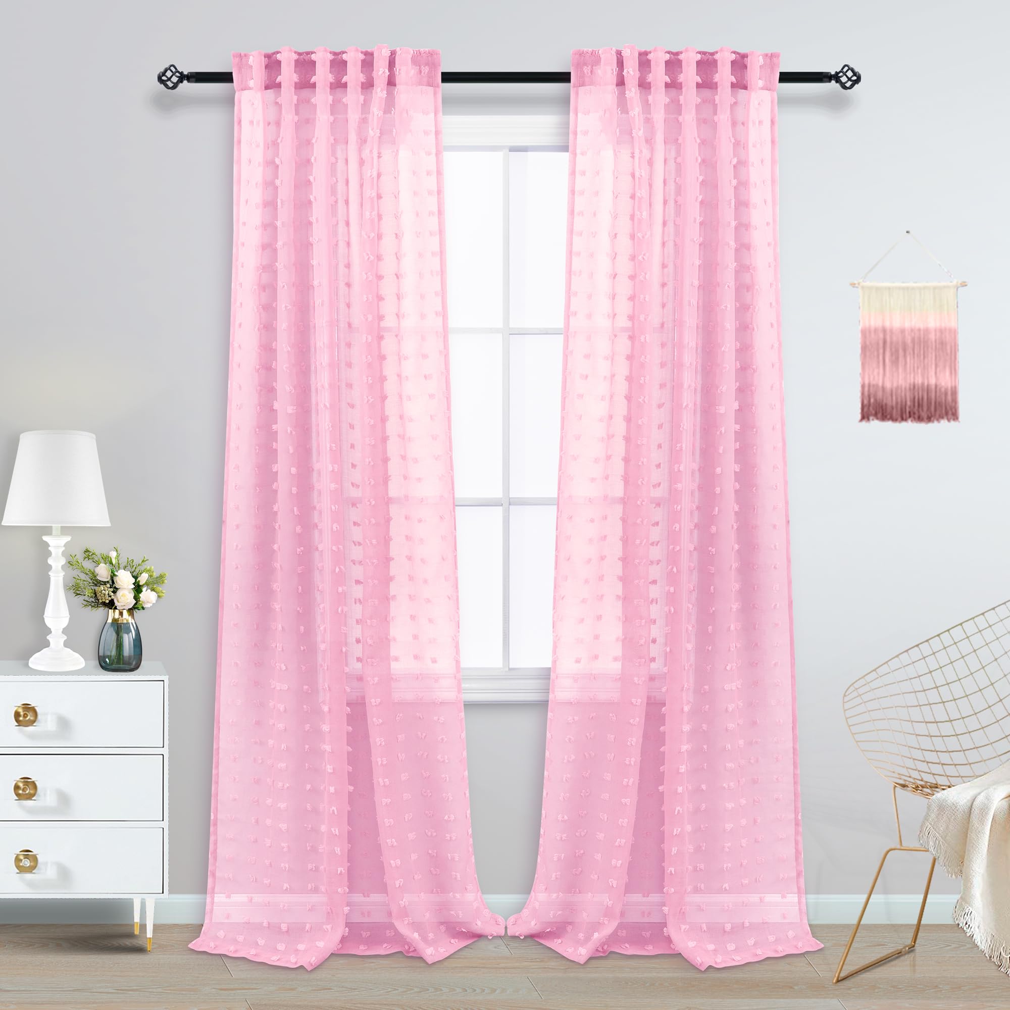 Koufall Pink Back Tab Rod Pocket Pom Pom Sheer Curtains,8 Ft 52X96 Length