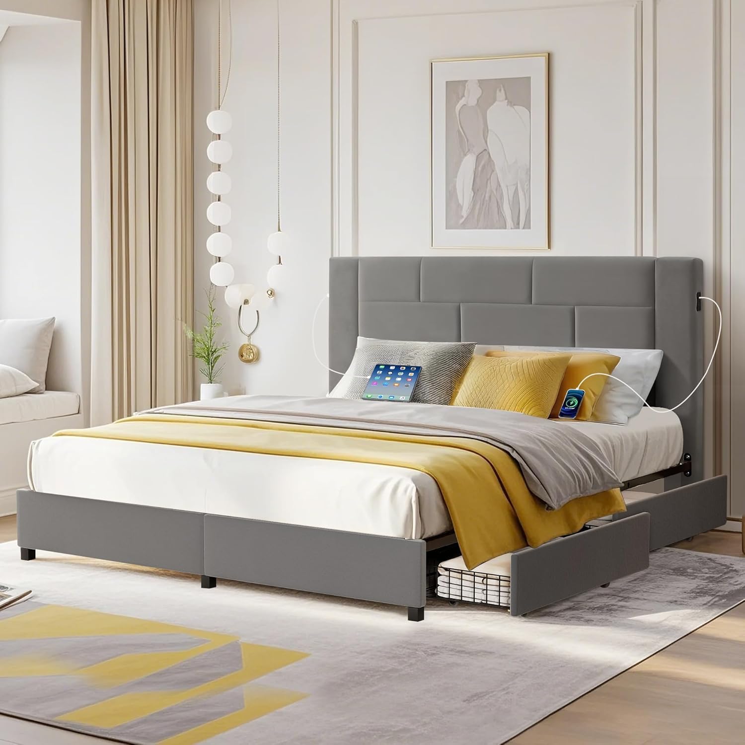 VECELO Full Bed Frame with 4 Storage Drawers, Velvet Upholstered Platform Beds Charging Station-Ports for USB and Type-C, Noise-