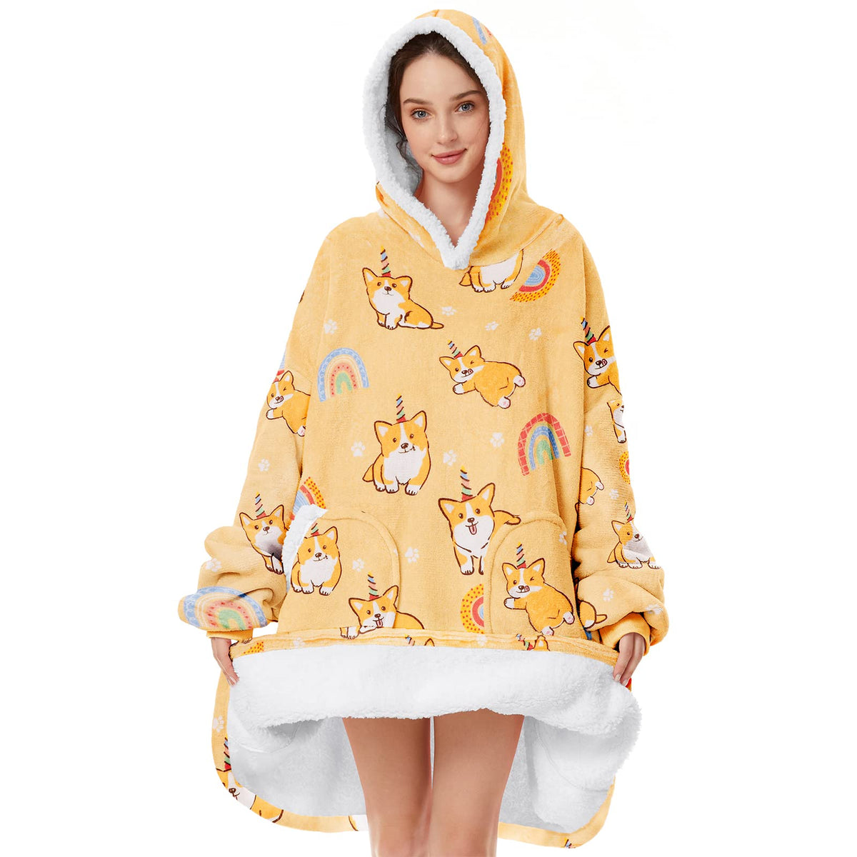 Wearable Blanket With Plush Pockets, Oversized Sherpa Thick Warm Hoodie Blanket Big Sweatshirt, Gifts For Women Men Puppy