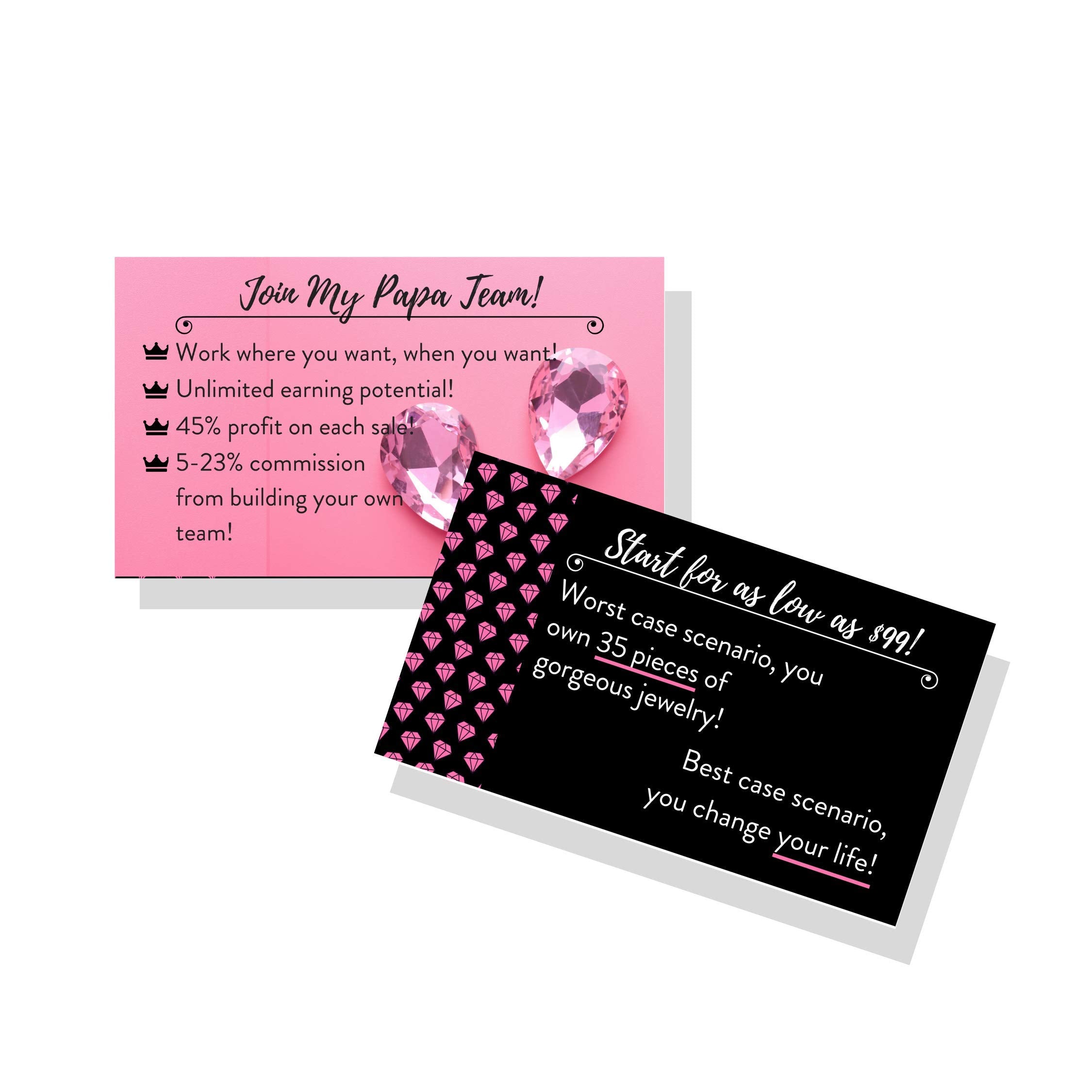 Jewelry | Join My Team! | 50 Pk | Business Card Double Sided Pink And Black With Jewel Design | 3.5 X 2' Inches