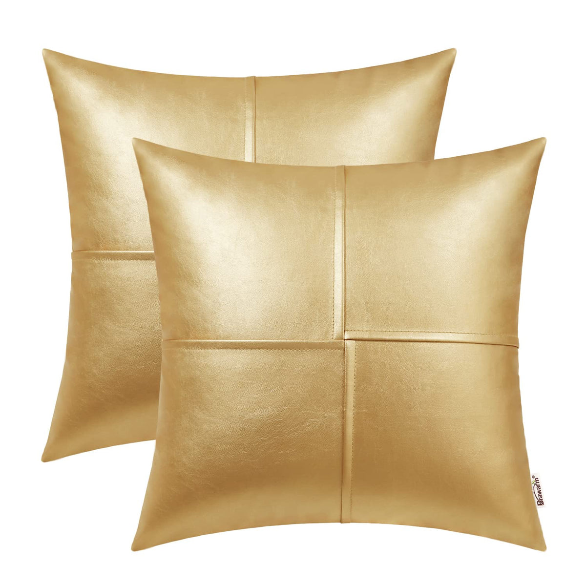 Brawarm Faux Leather Throw Pillow Covers 22 X 22 Inches, Gold Leather Pillow Covers Pack Of 2, Hand Stitched Leather Decorative