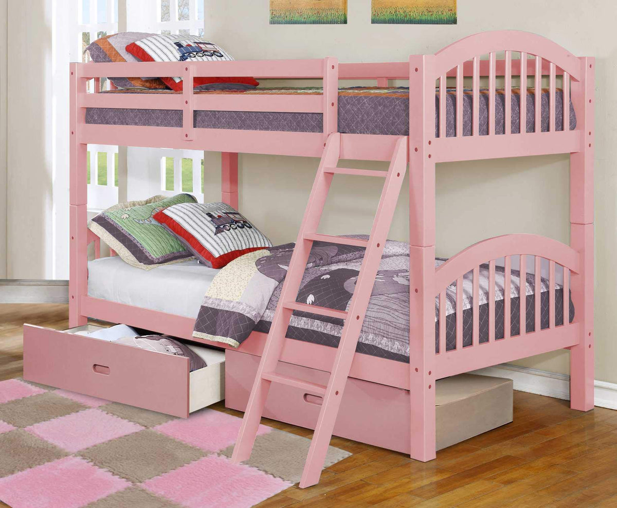 81'.25' X 42'.5' X 62'.5' Pink Solid and Manufactured Wood Twin/Twin Arched Wood Bunk Bed with 2 Drawers