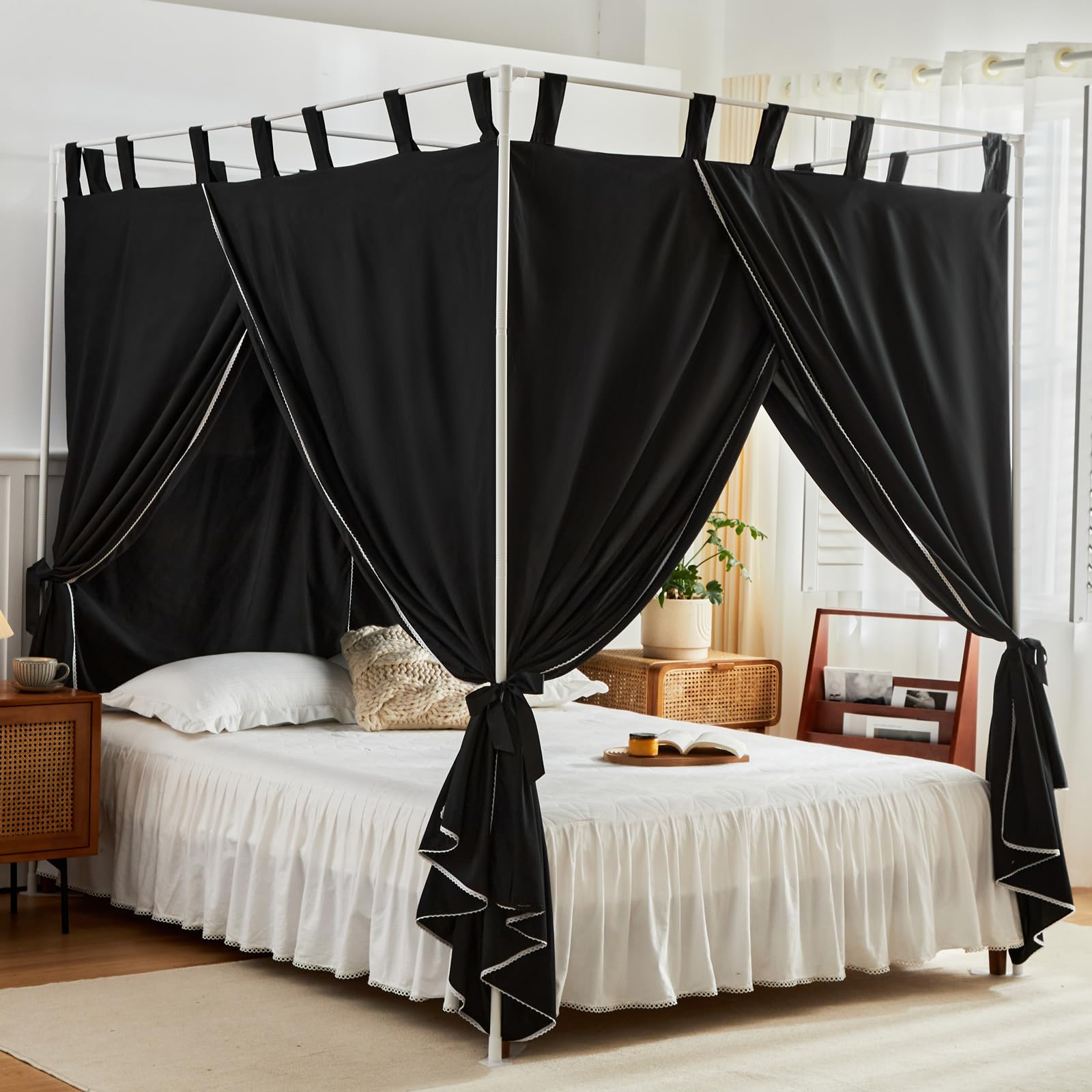 Aikasy Black Canopy Bed Curtains With Top Ties And Tie Backs For Bedroom Decoration - Queen Size Bed Curtains With Windproof And