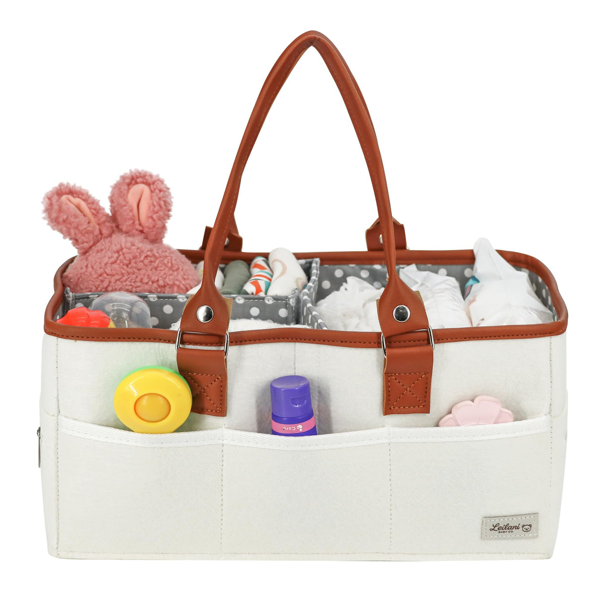Leilani Baby Co. Diaper Caddy Organizer, Large Portable Nursery Storage Basket with Removable Dividers, Leather Handles, Multipl