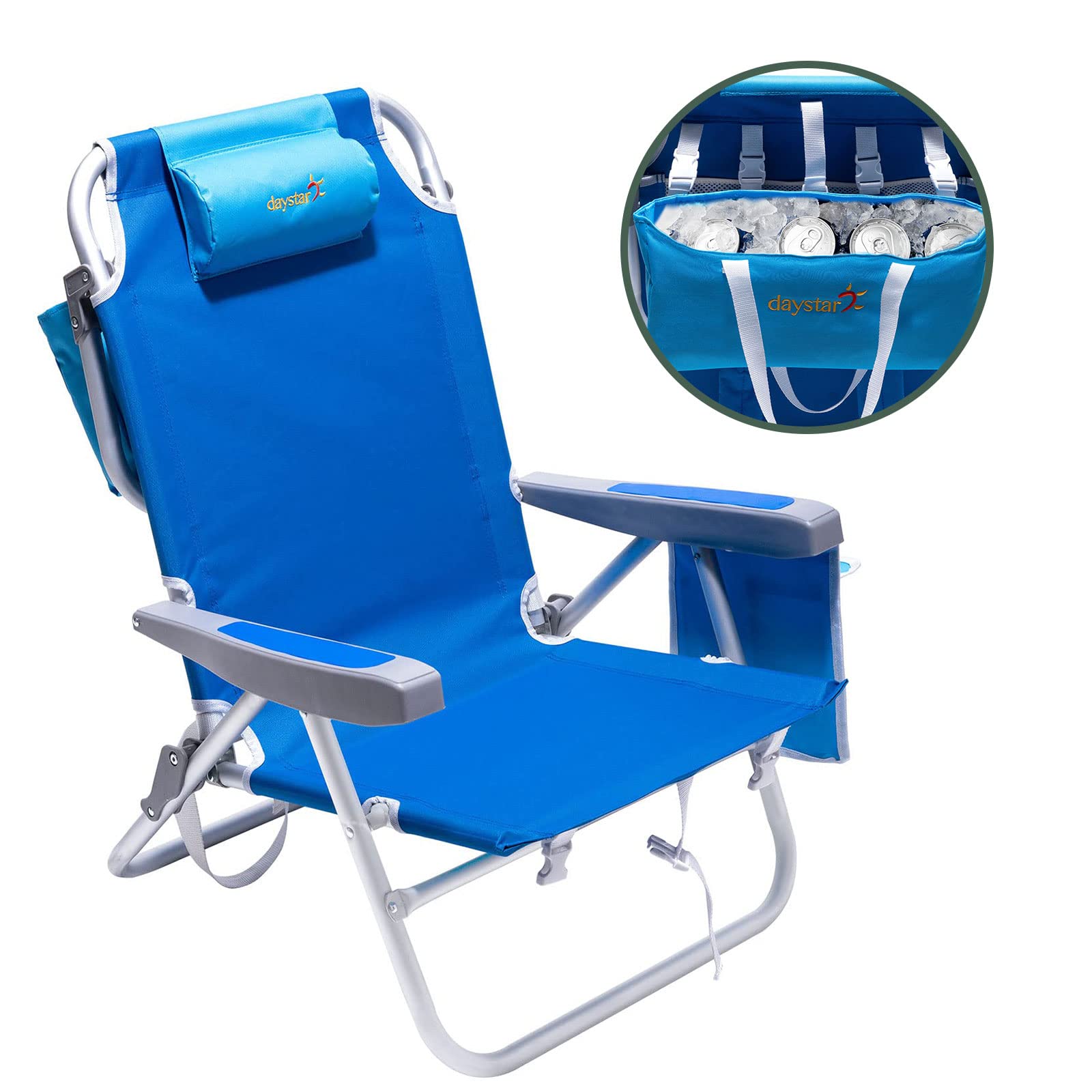 SUNNYFEEL Low Beach Chairs for Adults 5 Position Lay Flat, Portable Folding Backpack Beach Chair Heavy Duty with Cooler Bag, Cup