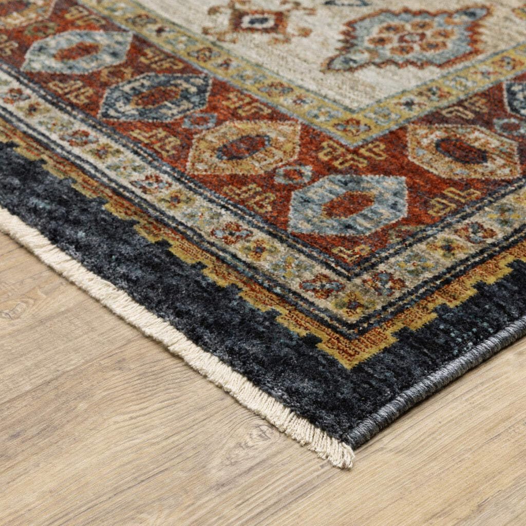 HomeRoots 508044 10 x 13 ft. Blue Red Beige Orange Gold & Tan Oriental Power Loom Stain Resistant Rectangle Area Rug with Fringe