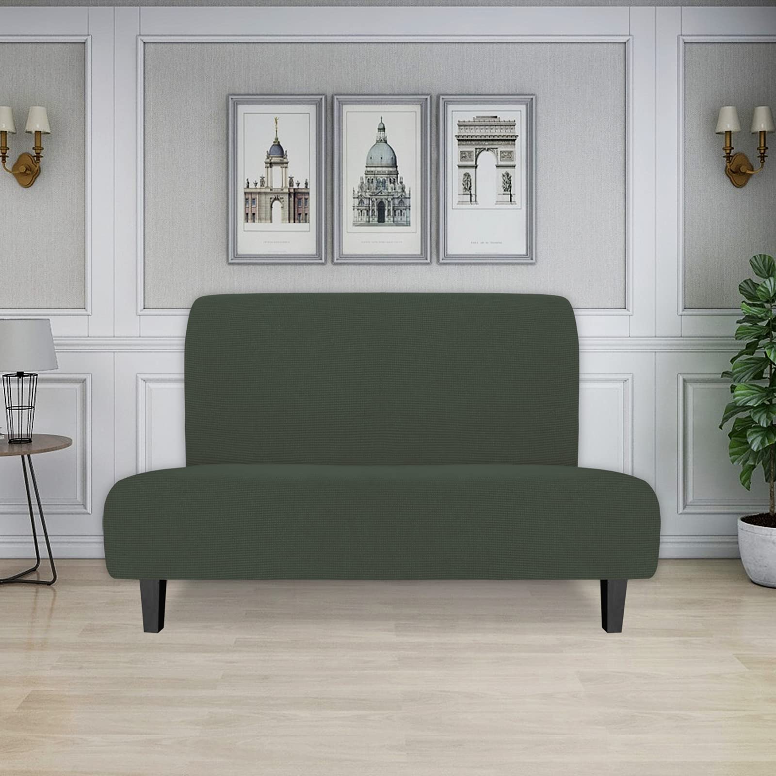 Easy-Going Stretch Futon Slipcover Armless Futon Bed Cover Furniture Protector Without Armrests With Elastic Bottom For Kids, Soft Jacquard Fabric Small Checks (Medium, Olive Green)