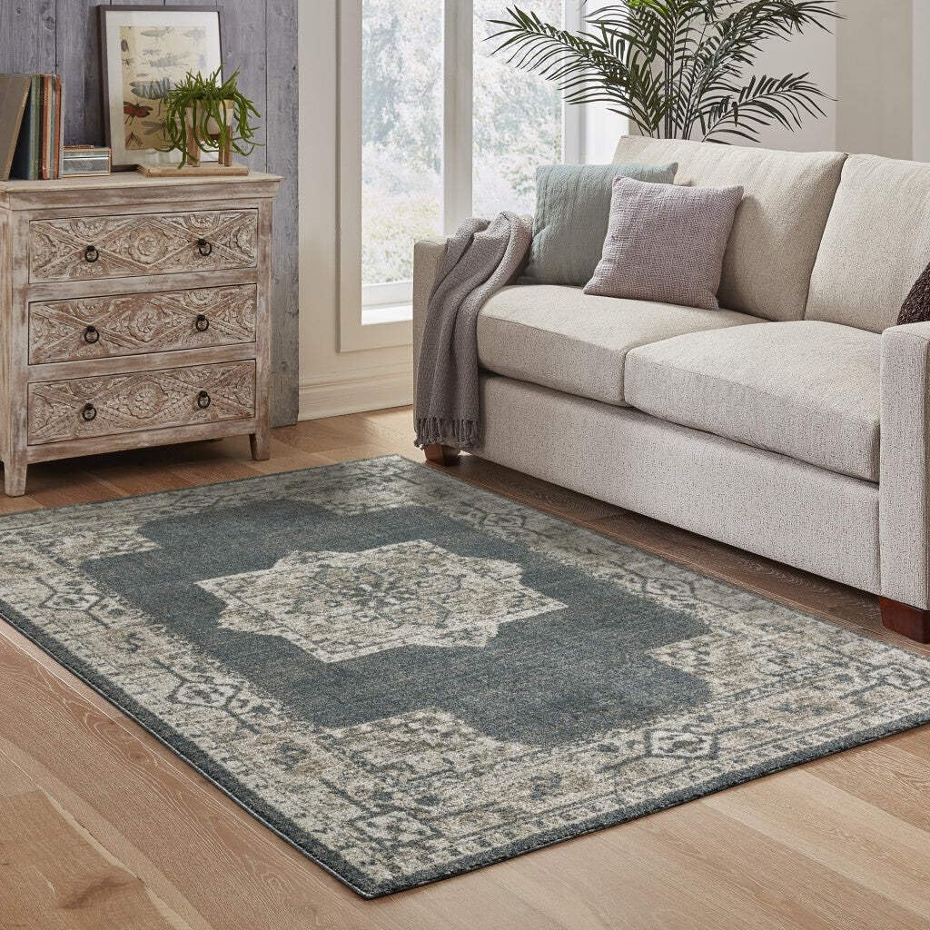 HomeRoots 508188 6 x 9 ft. Blue & Beige Oriental Power Loom Stain Resistant Rectangle Area Rug