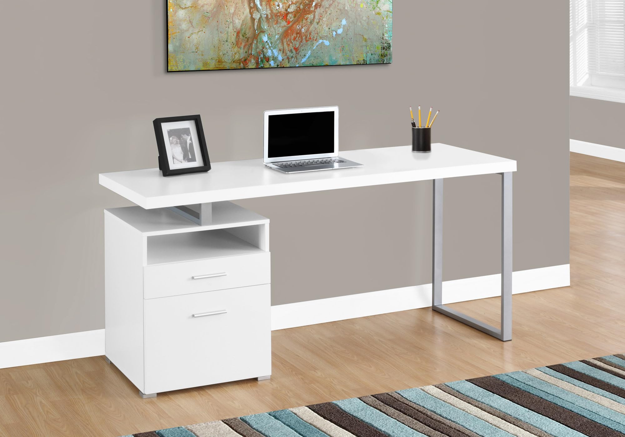 Monarch Specialties Computer Writing Desk for Home & Office Laptop Table with Drawers Open Shelf and File Cabinet-Left or Right Set Up, 60' L, White