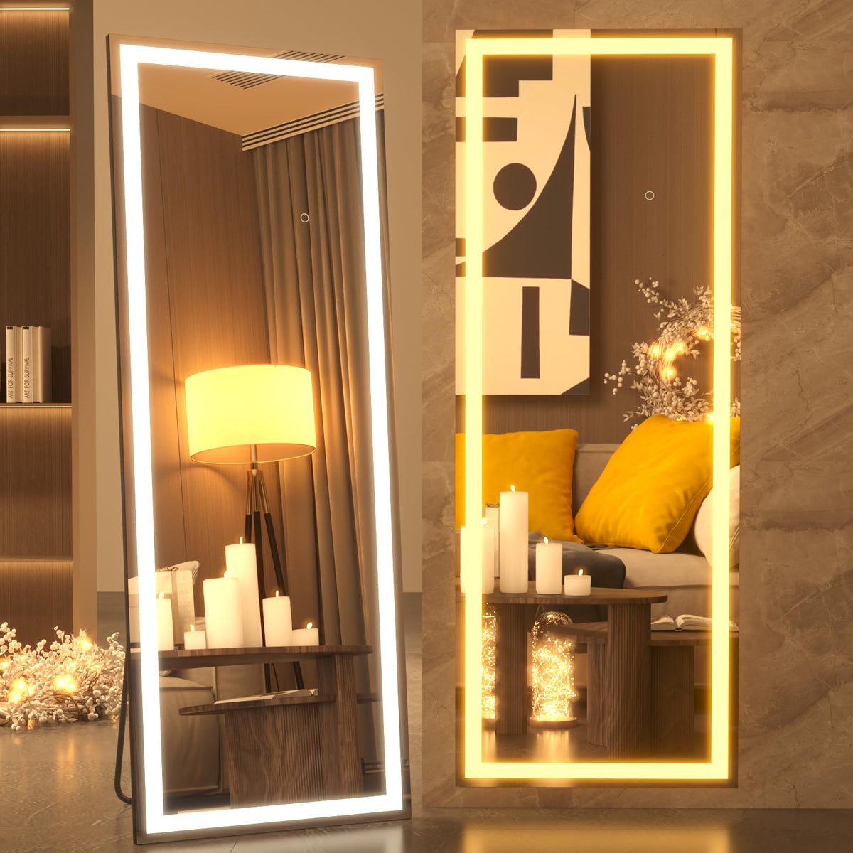 pertetey 71X24 Inch LED Full Length Mirror with Lights, Black Frame Lighted Floor Mirror, Dimmable & 3 Color Modes LED Full Body