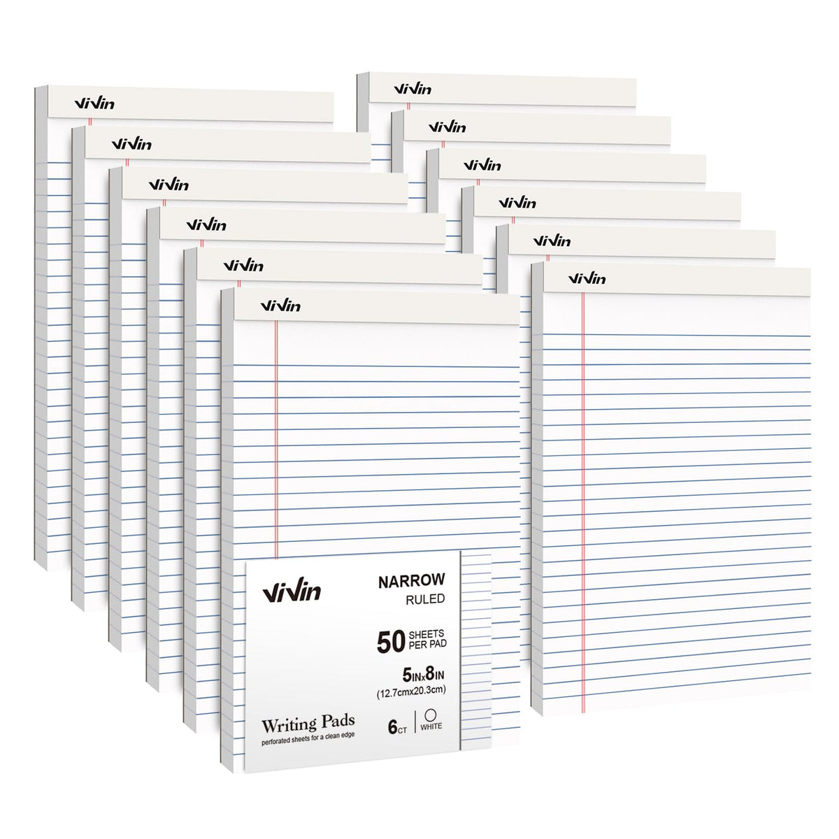 Vivin 5 X 8 Inch Note Pads, 12 Pack, Narrow Ruled, 50 Sheets Per Writing Pad, Perforated, Legal Pads Ideal For Home, Office, Bus