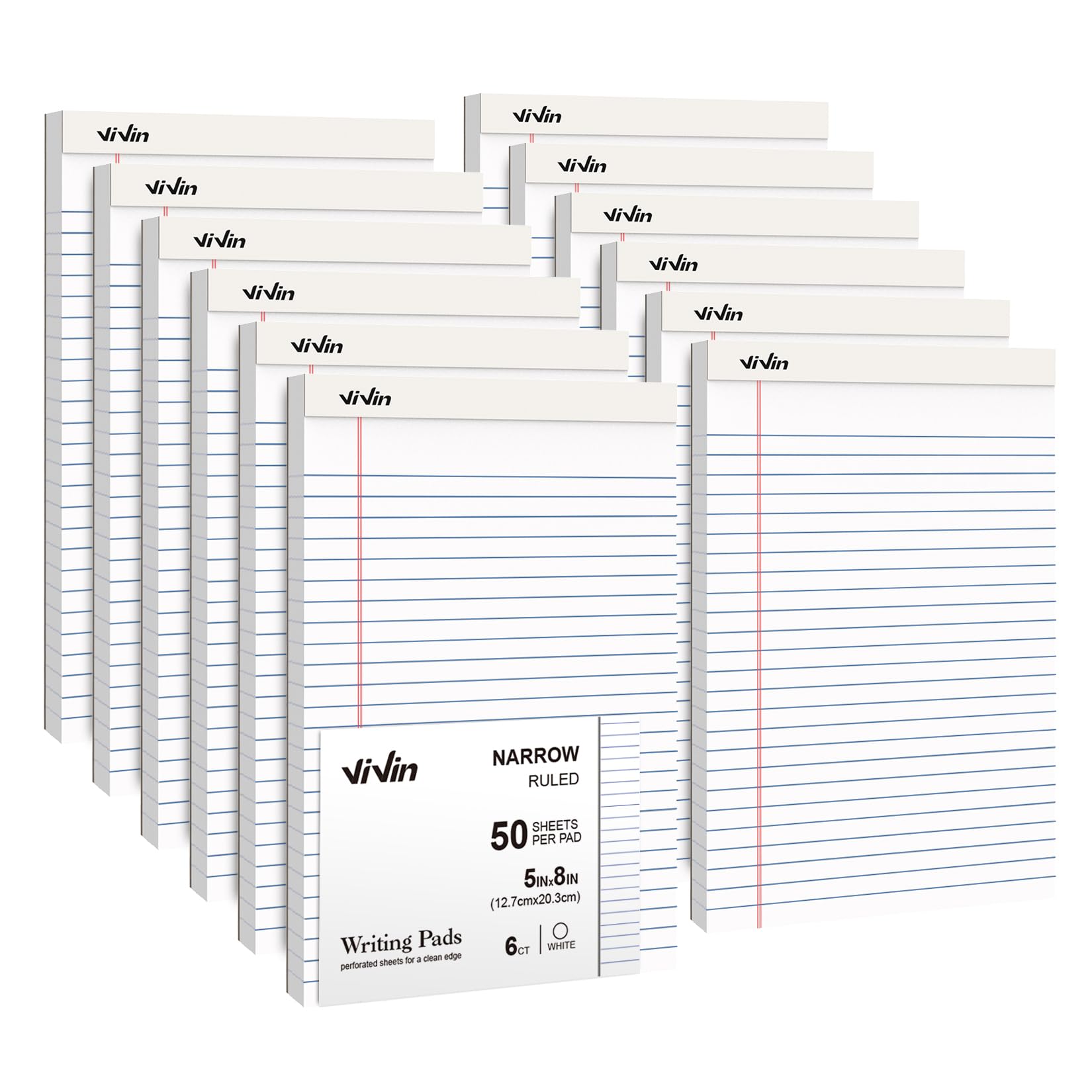 Vivin 5 X 8 Inch Note Pads, 12 Pack, Narrow Ruled, 50 Sheets Per Writing Pad, Perforated, Legal Pads Ideal For Home, Office, Bus