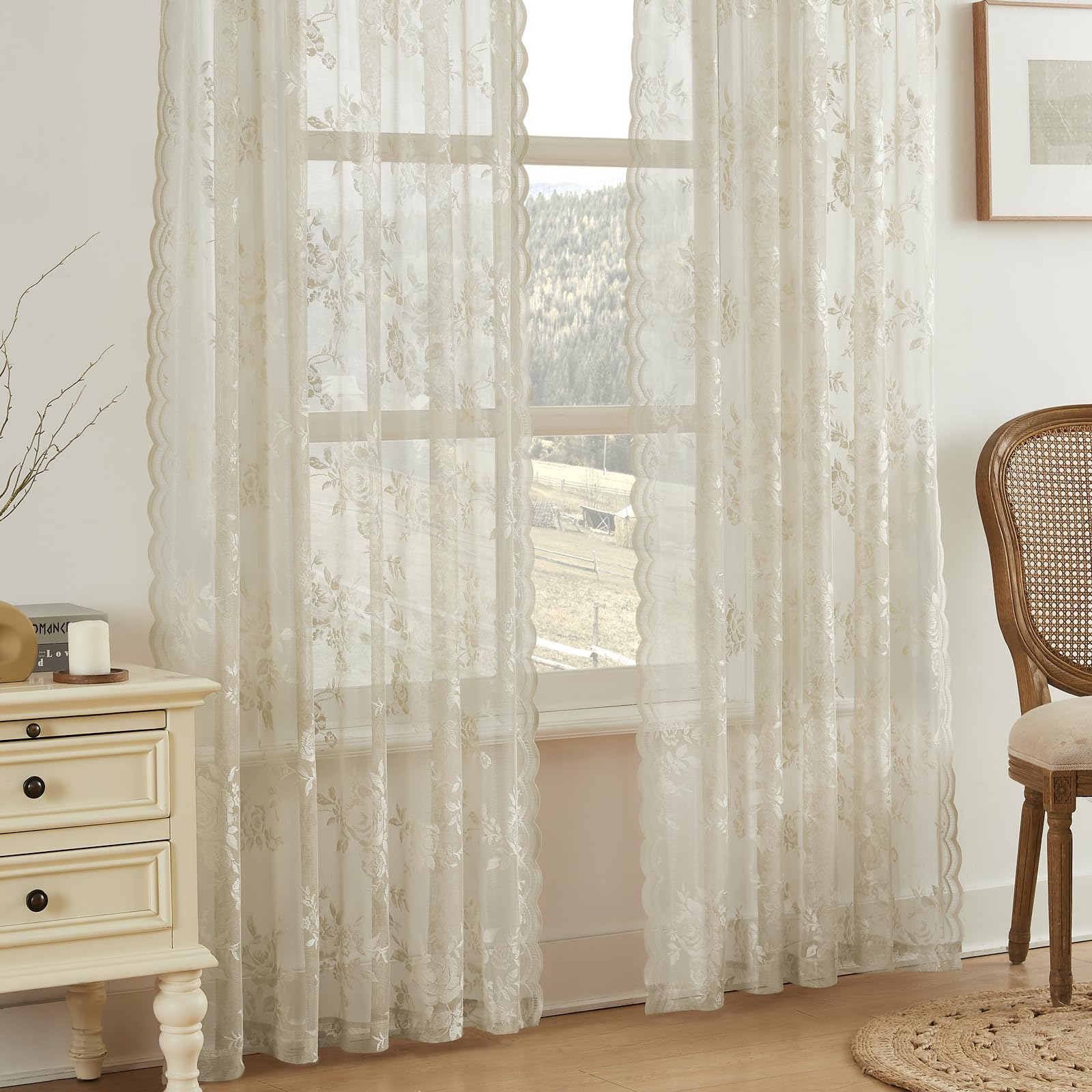 Khaki Lace Curtains 102 Inches Long 2 Panels Vintage Floral Curtains for Living Room Botanical Embroidery Rod Pocket Light Filte