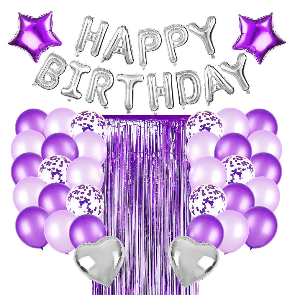 Rozi Decoration Happy Birthday Purple Theme Confetti & Metallic Balloons, Heart Star Balloon Foil Fringe Curtain 16Th 18Th 19Th 