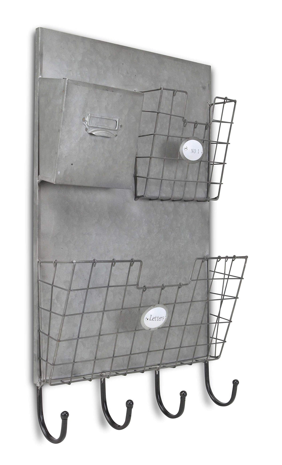 HomeRoots Gray Metal Organizer With 3 Storage Pockets And 4 Bottom Hooks