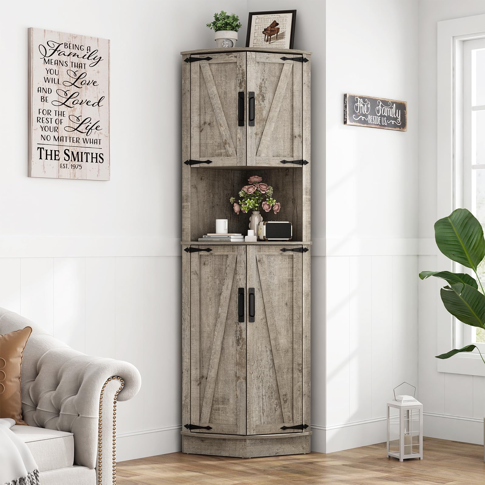 Hlivelood 68 ' Tall Farmhouse Corner Cabinet, Dining Room Storage Cabinet With 4 Barn Doors And 5 Level Storage With Adjustable