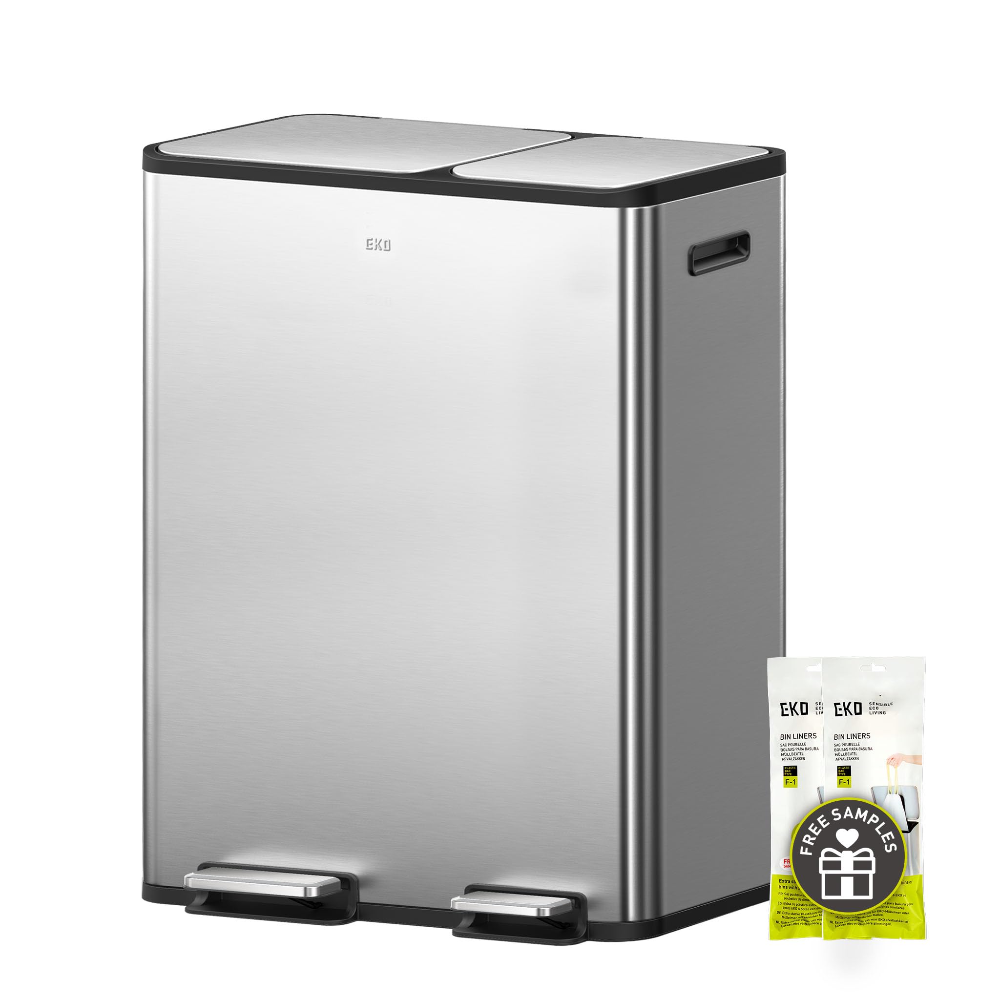 EKO EcoCasa Stainless Steel Dual Step Trash Can for Recycling, 30L+20L Rectangular Kitchen Trash Can, Independent Pedals and Lid