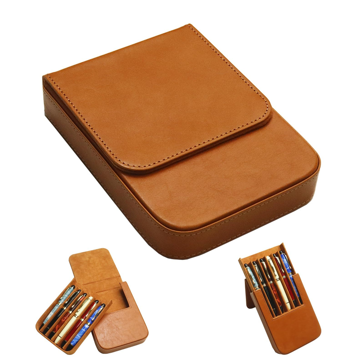 Mivlxlx Leather 6 Fountain Pen/Pencil Tray Case, Handmade, Magnetic Closure With Drawer Design, Gift Choice For Man/Woman/Office