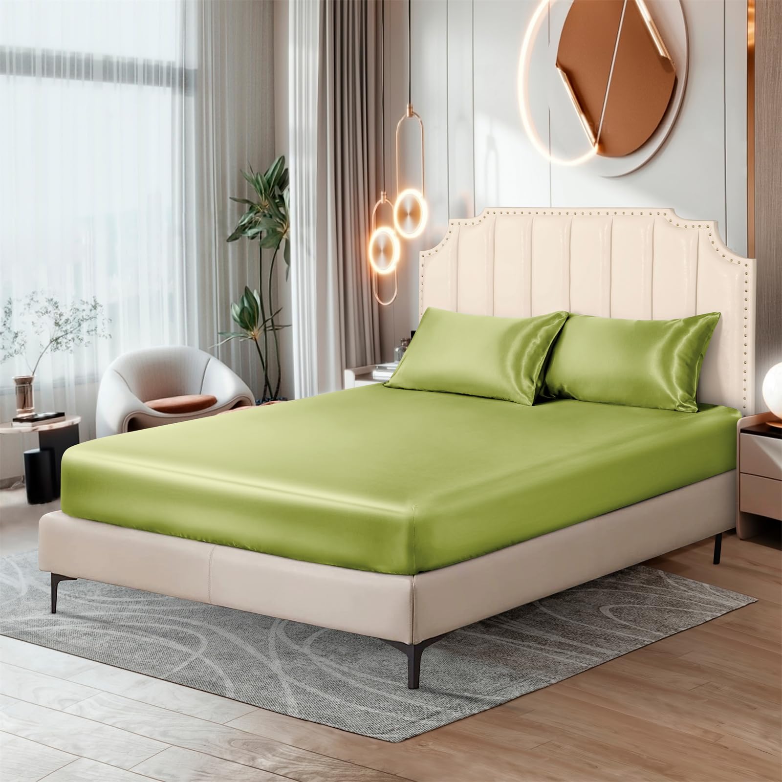 Ersmak Silk Satin Fitted Sheet, Soft Deep Pocket Bottom Luxury King Fitted Sheet, Wrinkle Free, Breathable, Fade Resistant - Oli