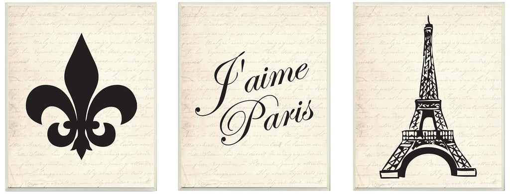 Stupell Home D  cor J'Aime Paris 3-Pc. Rectangle Wall Plaque Trio, 10 x 0.5 x 15, Proudly Made in USA