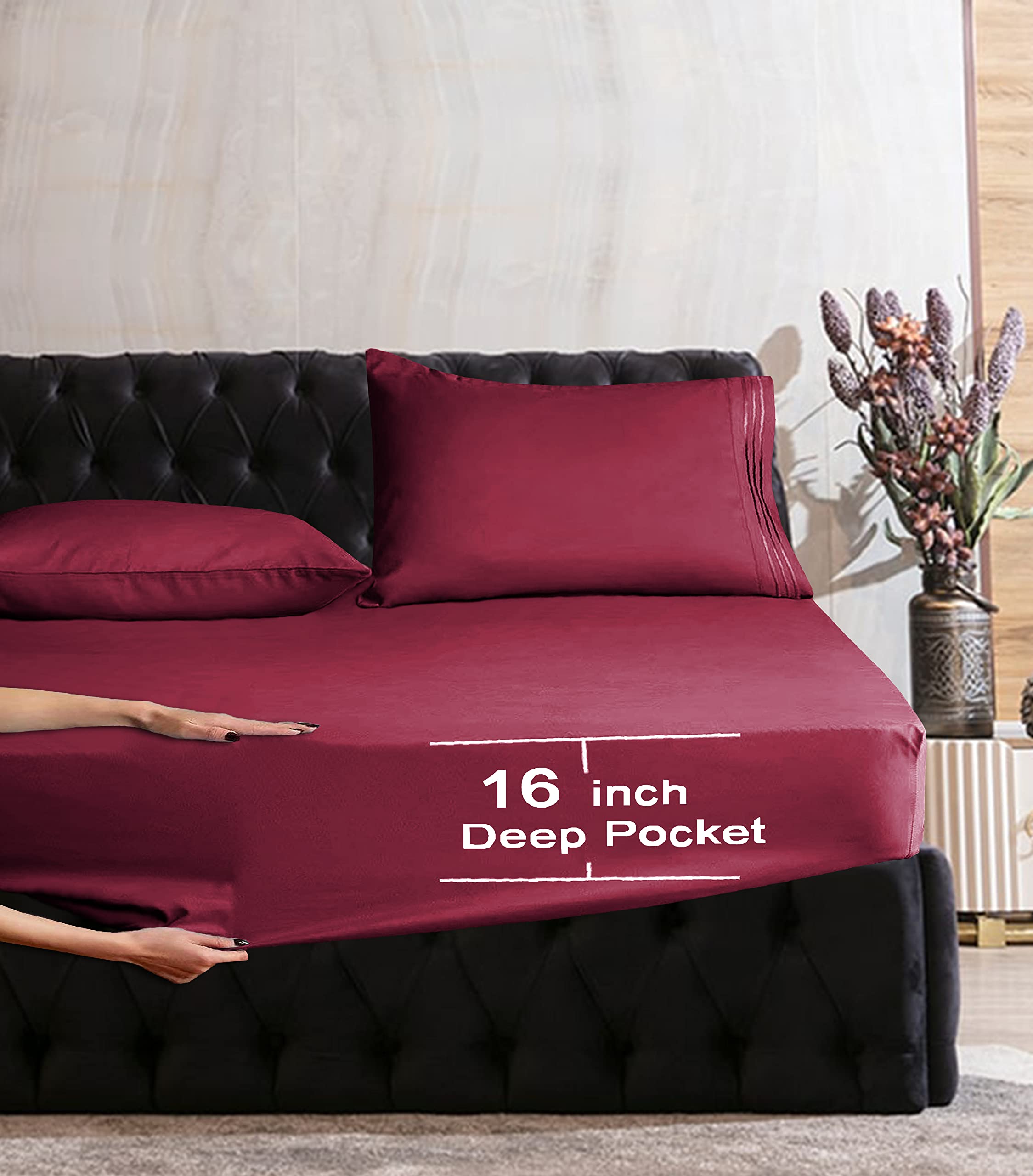Elegant Comfort Luxurious Wrinkle Resistant 1500 Thread Count Egyptian Quality 1-Piece Fitted Sheet All Around Elastic -Deep Pocket- Ultra Soft Bottom Fitted Sheet, Full, Burgundy