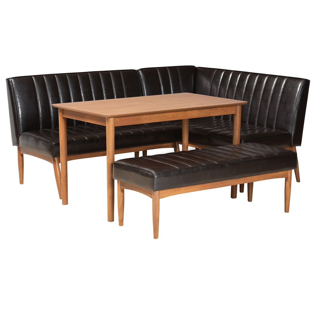 Baxton Studio Daymond Mid-Century Modern Dark Brown Faux Leather Upholstered and Walnut Brown Finished Wood 4-Piece Dining Nook Set