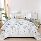 King Size Quilt Set Floral,3 Pieces Grey & White Quilts Coverlet Set Flower Bedspreads Bed Cover Lightweight Fall Quilt Light Gr