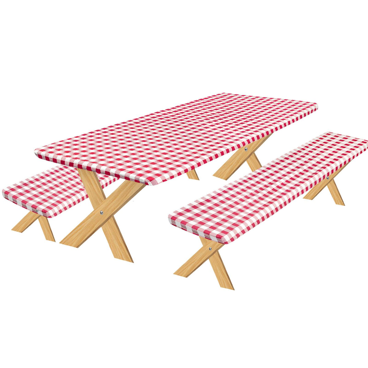 Outdoorlines Vinyl Fitted Picnic Table Cover With Bench Covers - Waterproof Camping Tablecloth For Picnic Table, Elastic Picnic Table Covers For Outdoor, Camping (Checkered Red 72X30 Inch, 3 Pcs)