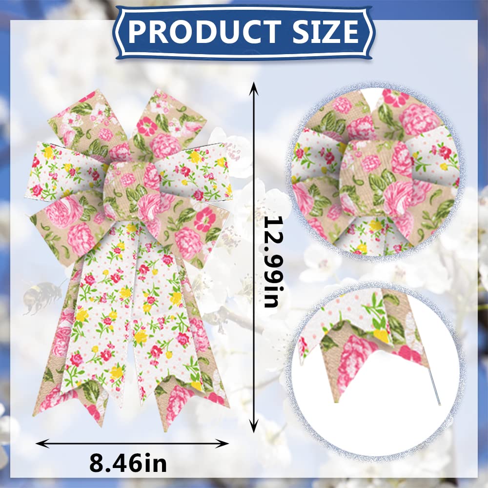 Hying 2Pcs Spring Rose Bows For Wreath, Burlap Flower Wreath Bows For Spring Summer D  Cor Village Countryside Pink Rose Bows Fo