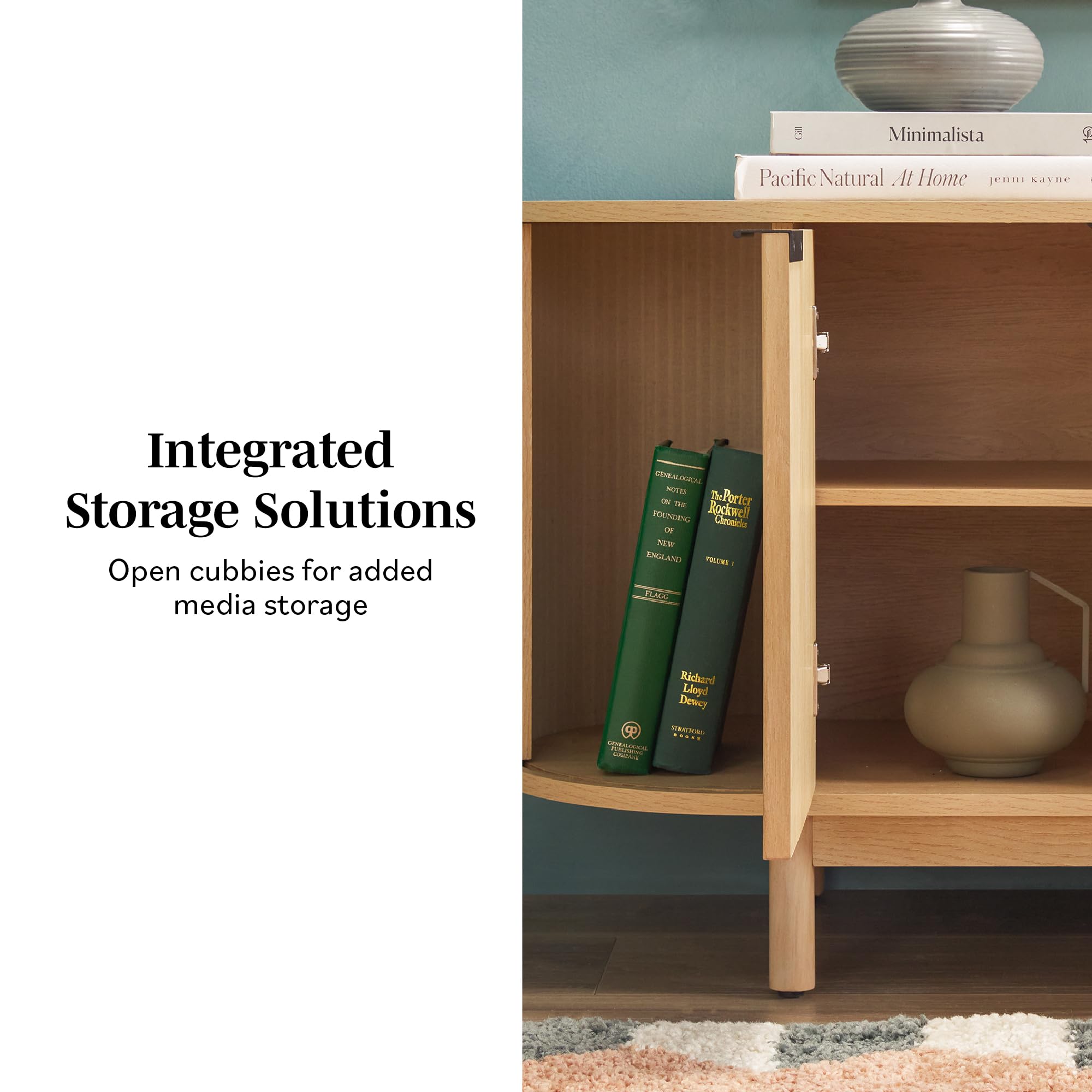 Walker Edison Modern Curved Reeded Tv Stand For Tvs Up To 65 Inches, Credenza With Sliding Doors And Adjustable Shelves, Tv Stand With Cord Management Cutout, 60 Inch, Coastal Oak