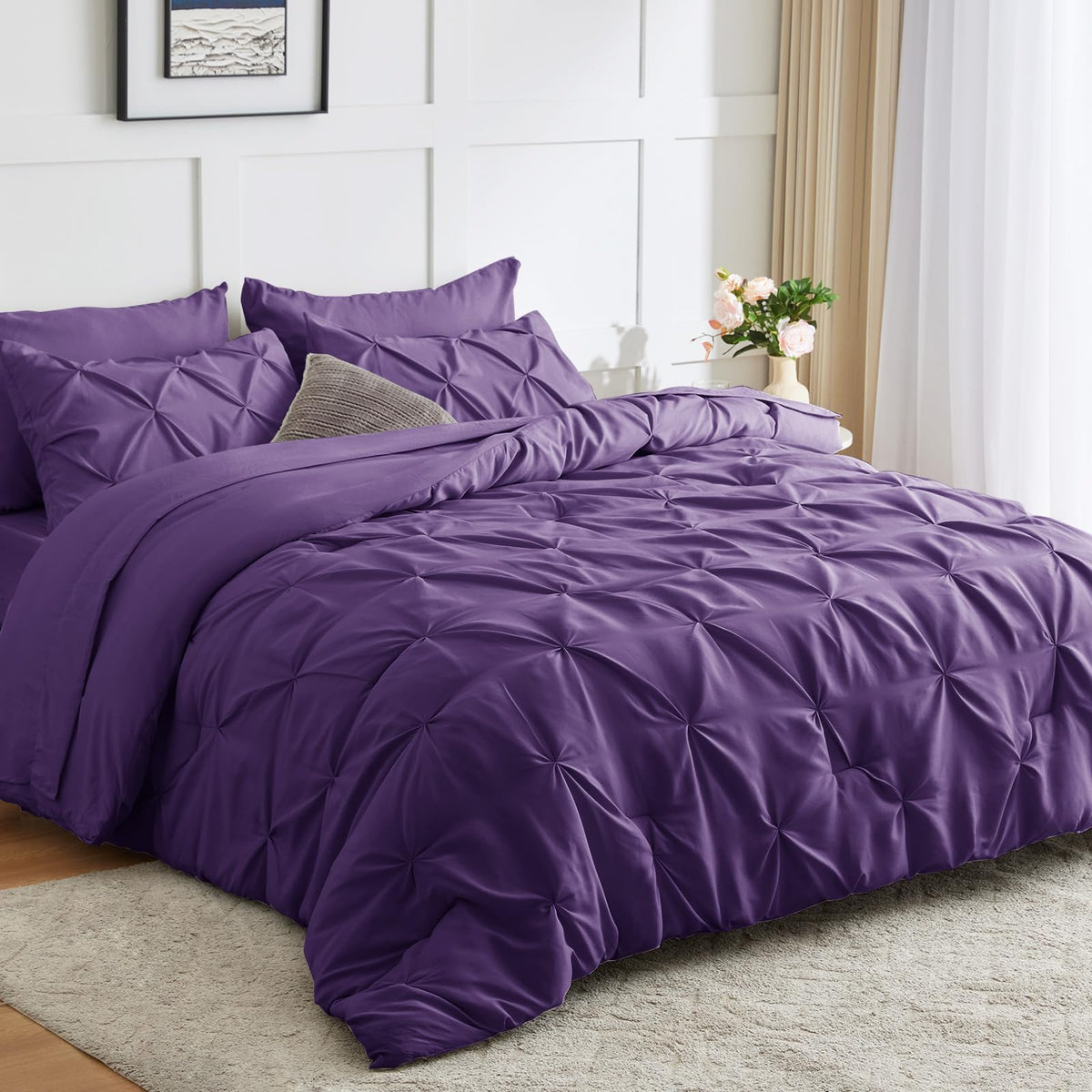 Cozylux King Comforter Set - 7 Pieces Comforters King Size Purple, Pintuck Bed In A Bag Pinch Pleat Bedding Sets With All Season