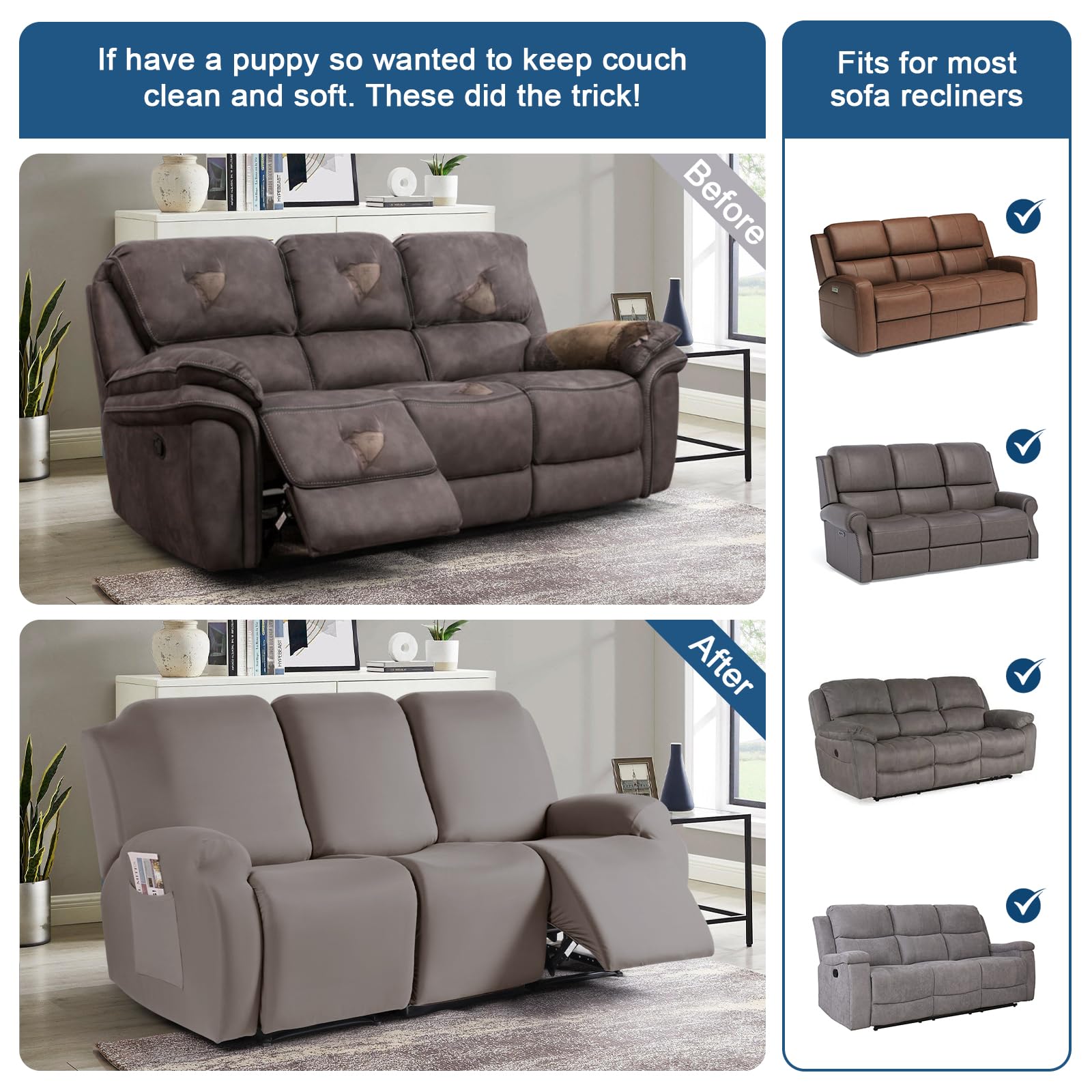 Taococo Stretch Recliner Sofa Covers 3 Pieces Couch Covers For 3 Seat Reclining Sofa, Soft Polyester Fabric Washable Furniture P