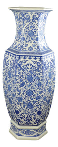 24 Classic Blue and White Hexagonal Lotus Porcelain Vase, Ceramic Vase Jingdezhen, China Qing Style (D8)