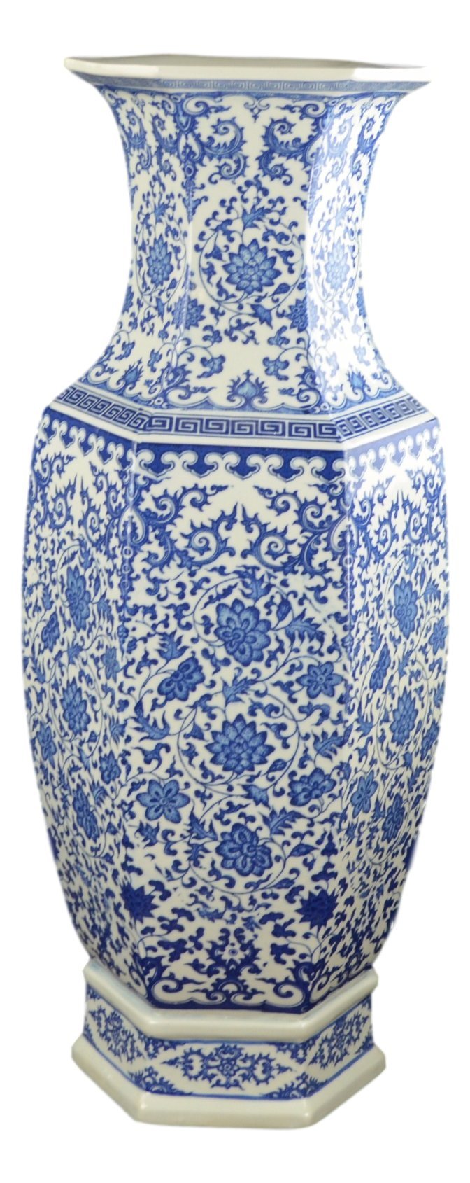 24 Classic Blue and White Hexagonal Lotus Porcelain Vase, Ceramic Vase Jingdezhen, China Qing Style (D8)