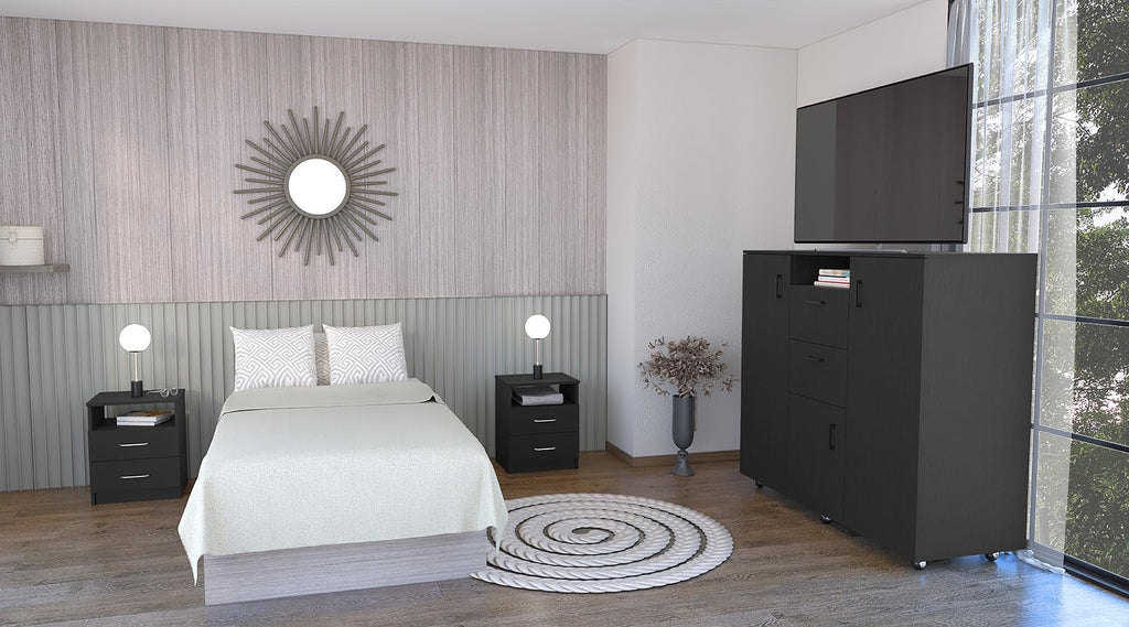 DEPOT E-SHOP Minto 3 Piece Bedroom Set, Cabinet Dresser + 2 Nightstands, Black