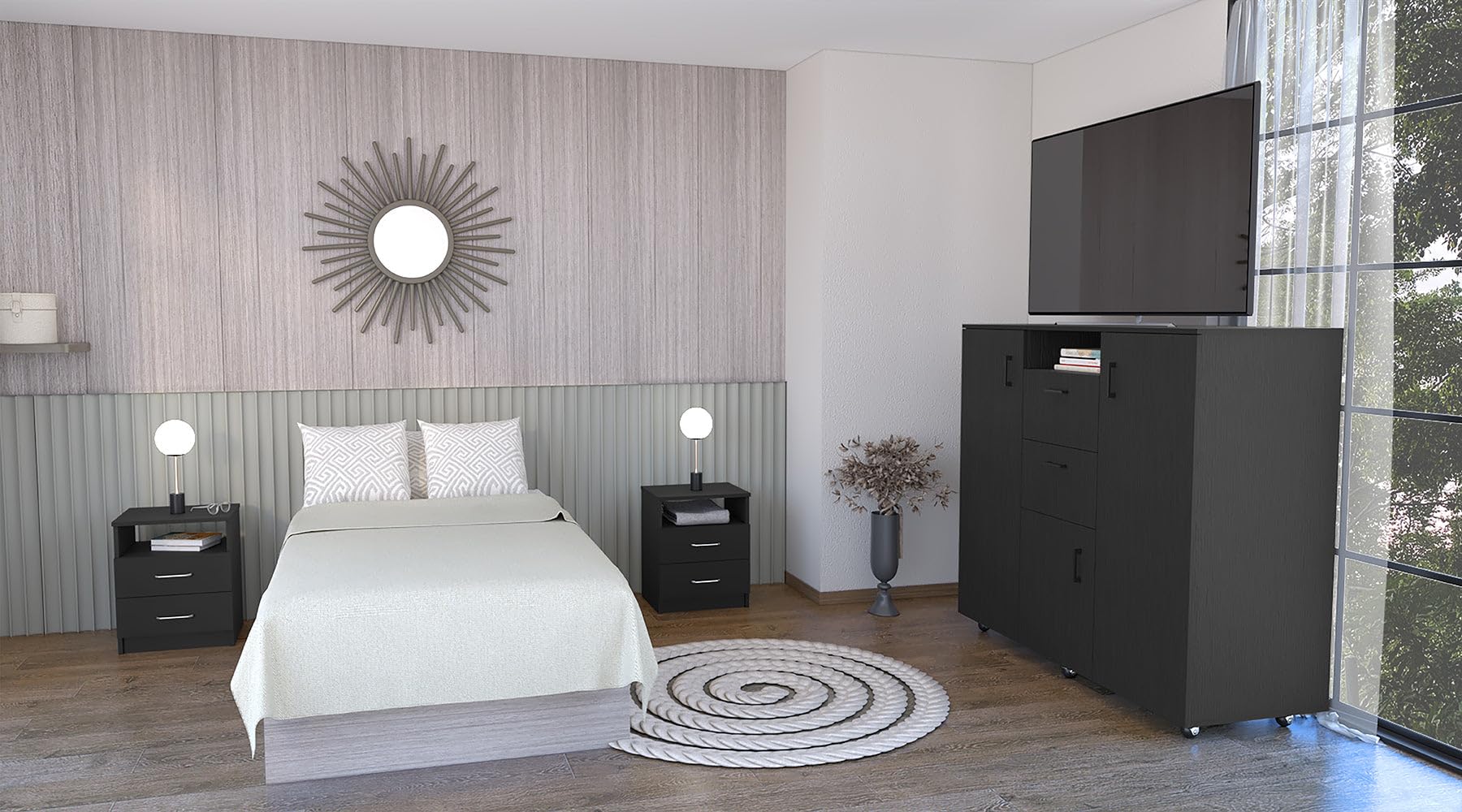 DEPOT E-SHOP Minto 3 Piece Bedroom Set, Cabinet Dresser + 2 Nightstands, Black