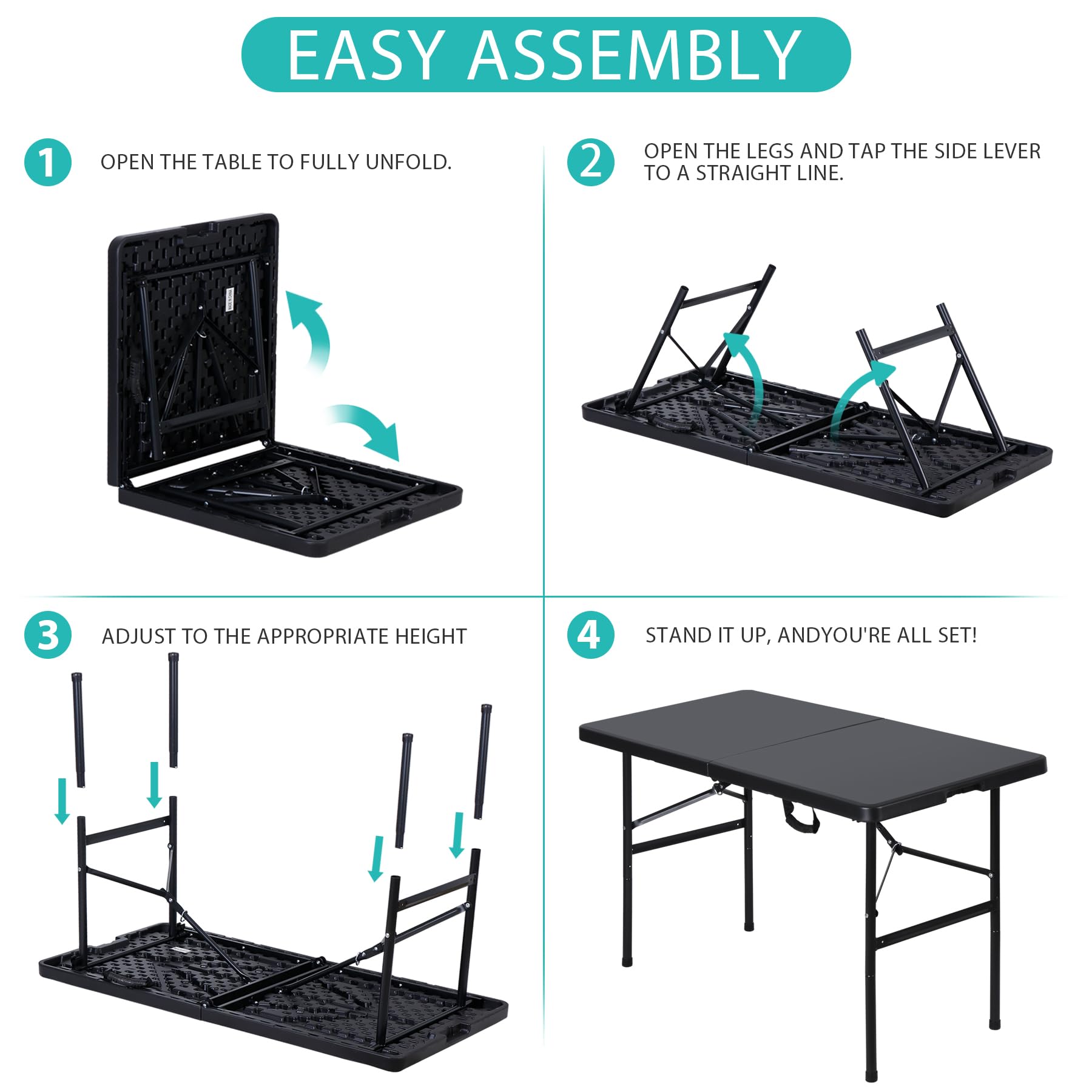Super Deal Portable 4 Foot Plastic Folding Table, Indoor Outdoor Heavy Duty Fold-In-Half Picnic Party Camping Barbecues Table With Carrying Handle, Black