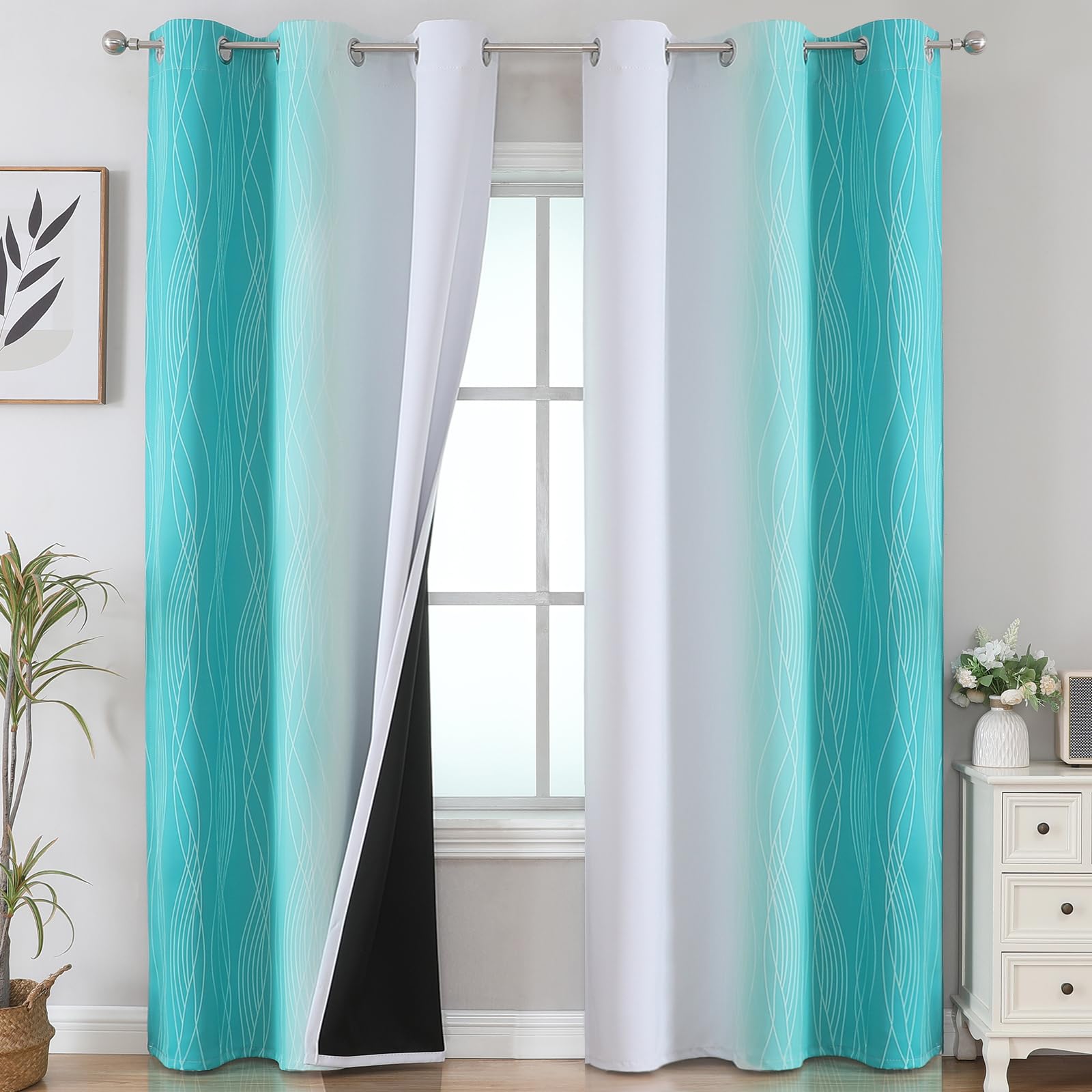 Estelar Textiler Teal And Greyish White Room Darkening Blackout Curtains 84 Inches Long For Living Room, Thermal Insulated Ombre
