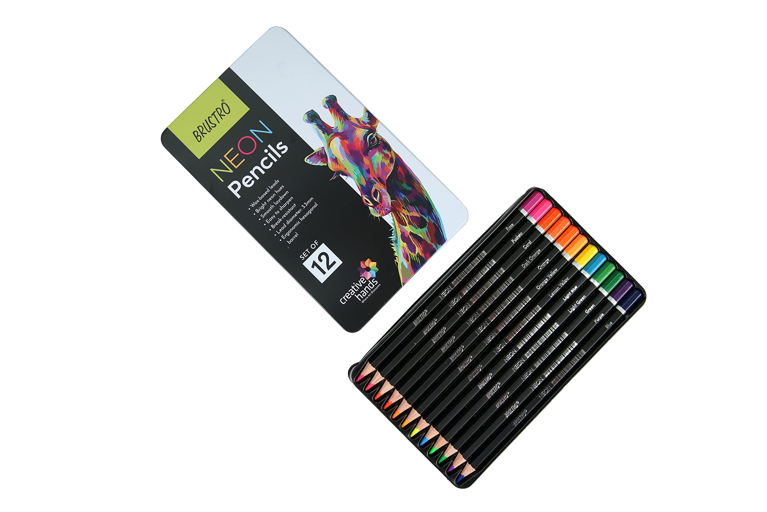 Brustro Neon Colour Pencils 12 Tin |Multicolour| 3.3Mm | Lead Strength, Ideal For Colouring, Painting, Layering, Use On Fabrics,