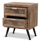 Baxton Studio Calida Mid-Century Modern Whitewashed Natural Brown Finished Wood and Rattan 2-Drawer Nightstand