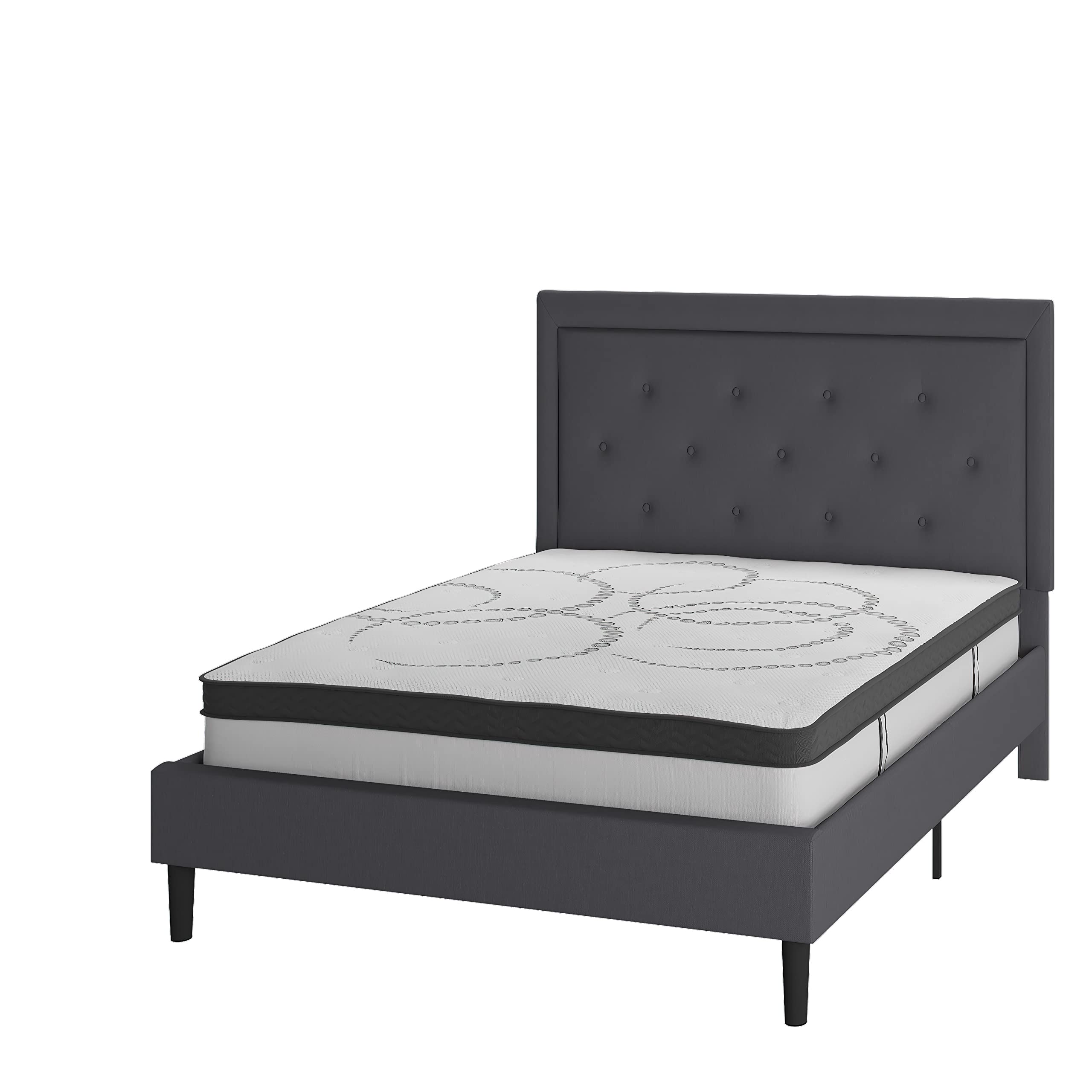 Flash Furniture Roxbury Full Size Tufted Upholstered Platform Bed In Dark Gray Fabric With 10 Inch Certipur-Us Certified Pocket Spring Mattress