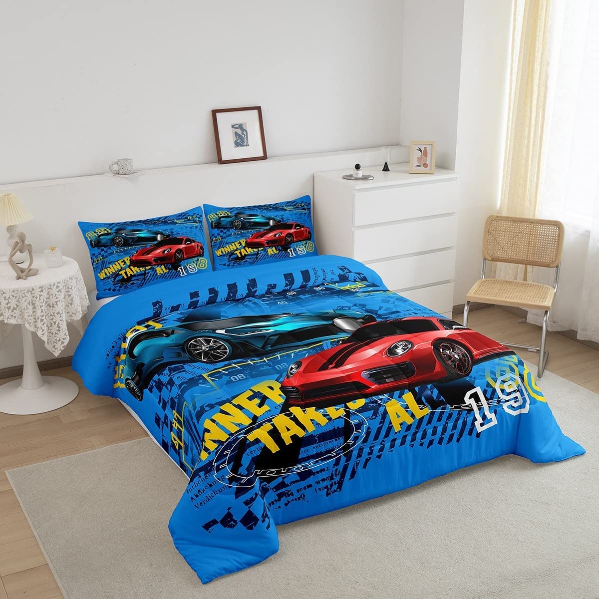Sports Car Comforter Set Twin Size,Race Car Duvet Insert For Kid Teen Boys Girls Room Decor,Speed Race Sports Car Quilted Duvet,Extreme Sports Theme Quilt Cover With 1 Pillowcase