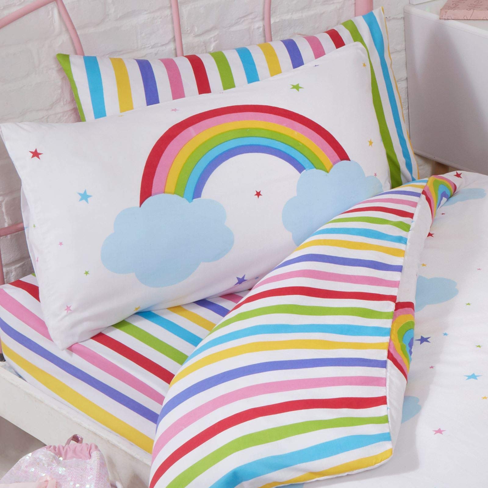 Rainbow Sky Striped Junior Toddler Bed Fitted Sheet And Pillowcase Set