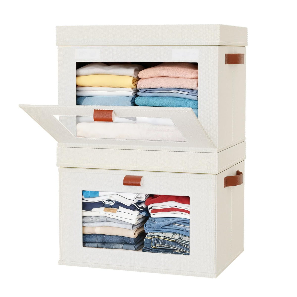 CBJILWOF Collapsible Stackable Storage Bins with Lids, Beige, 2Pack