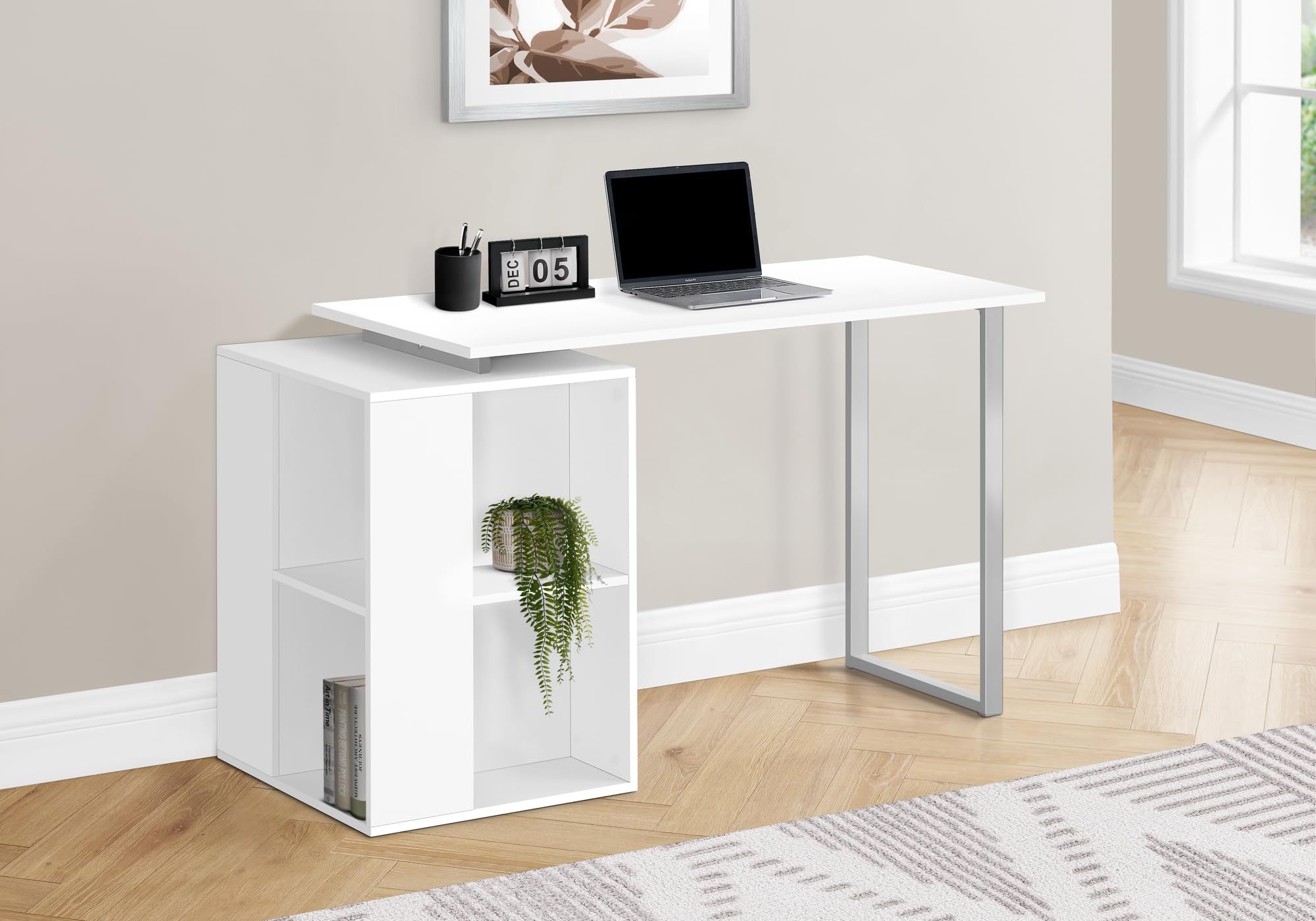 Monarch Specialties 7600 Computer Desk, Home Office, Left, Right Set-up, Storage Shelves, Work, Laptop, Metal, Laminate, White, Grey, Contemporary Desk-55 Facing, 55' L x 20' W x 30' H