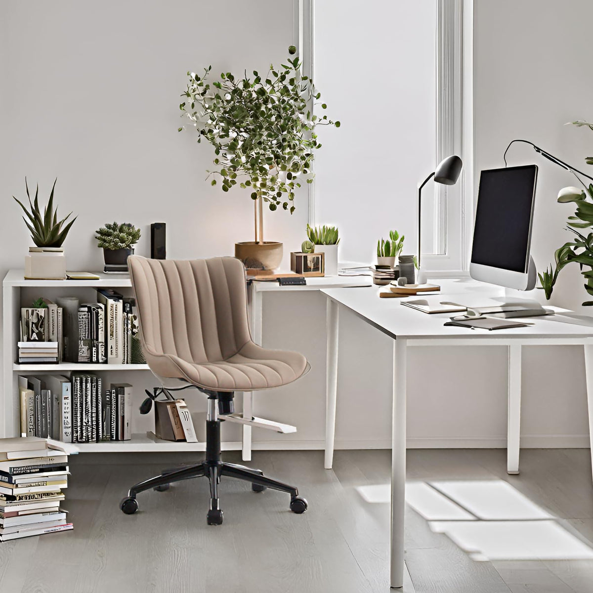 Younike Khaki Ergonomic Home Office Desk Chair With Wheels Comfy Armless Vanity Chair With Back Modern Leather Upholstered Rolli