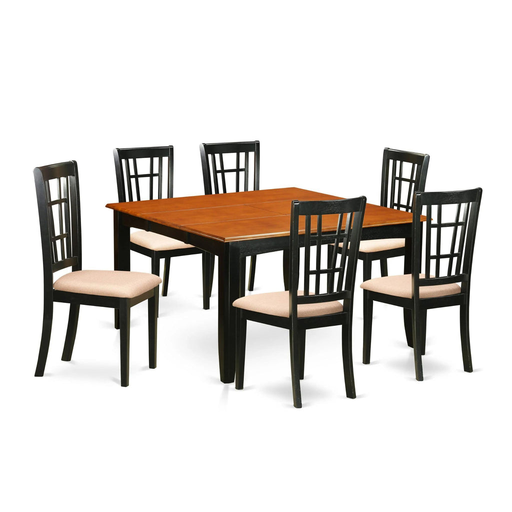 East West Furniture PFNI7-BCH-C 7 Piece Modern Dining Table Set Consist of a Square Wooden Table with Butterfly Leaf and 6 Linen Fabric Upholstered Dining Chairs, 54x54 Inch, Black & Cherry