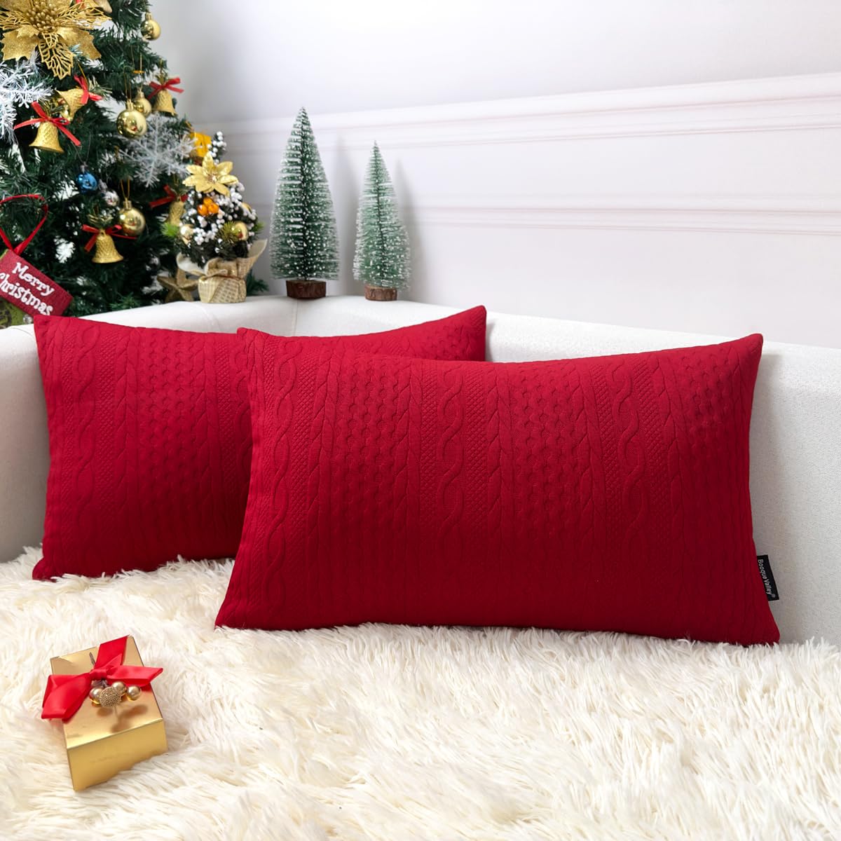 Booque Valley Rectangular Throw Pillow Covers, Pack Of 2 Super Soft Elegant Modern Knit Lumber Red Cushion Covers, Oblong Pillow