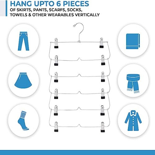 6-Tier Foldable Pants & Skirt Hanger with Adjustable Clips, 6-Pair Chrome Steel
