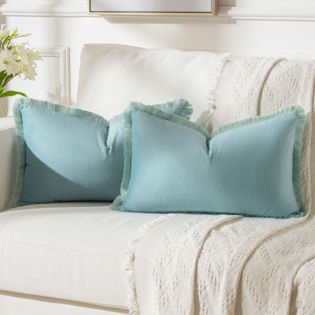 Futei Aqua Boho Throw Pillow Covers With Tassels 12X20 Inch Set Of 2,Soft Velvet Lumbar Pillow Cases,Home Decor For Couch Living